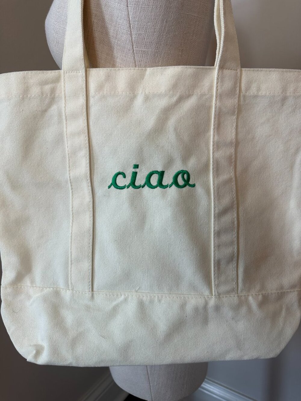 "Ciao" Green Custom Embroidered Cotton Canvas Tote Bag Travel Italy Vacation